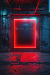 Poster - A striking red neon frame in a dimly lit room. Perfect for adding a pop of color to any design project