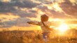 A young child joyfully playing in a grassy field with the bright sun setting in the background, casting a warm glow over the scene. Airplane pilot