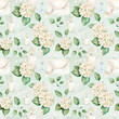 Hydrangea flowers, envelopes and candles. Floral seamless pattern. For packaging, wrapping paper, card and decoration.
