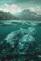 Poster - Two bags of garbage floating in the ocean. Suitable for environmental themes