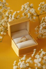 Poster - A beautiful diamond ring displayed in a ring box surrounded by delicate flowers. Perfect for wedding or engagement concepts