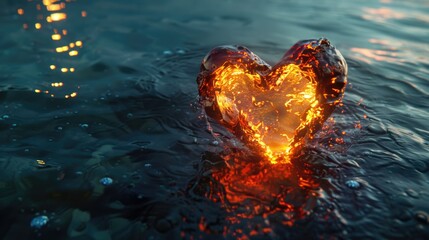 Poster - A unique heart-shaped piece of fire floating in water. Perfect for illustrating concepts of love, passion, and creativity
