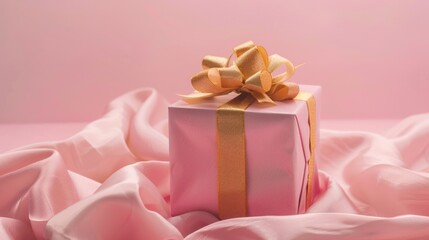 Poster - Pink gift box with a shiny gold bow on top. Perfect for celebrations and special occasions