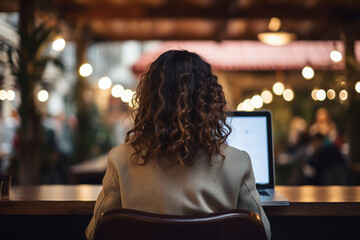 Poster - Generated with AI picture of a beautiful woman in cafe with laptop
