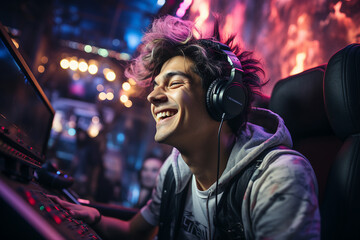 Poster - generative ai image of funny gamer in headphones and playing online game on pc computer