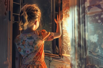 Poster - A young girl standing in front of a window. Suitable for various concepts