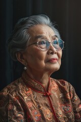 Aufkleber - An older woman wearing glasses and a jacket. Suitable for various concepts and designs