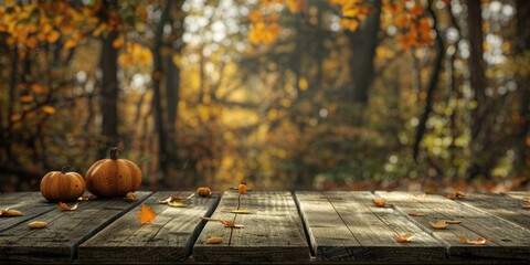 Poster - Three pumpkins arranged on a wooden table, perfect for autumn decor