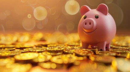 Poster - A pink piggy bank sitting on top of a pile of gold coins. Perfect for financial and savings concepts