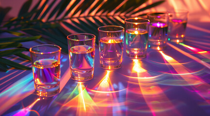 Canvas Print - Glasses arranged on palm leaves with colorful shadows 