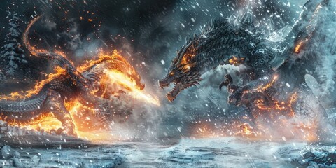 Poster - Two dragons fighting in snowy landscape, perfect for fantasy themes