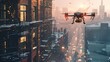 Large remote controlled drone flying through the air above a night city skyline. The drone is soaring high above the buildings, controlled by a remote pilot below.