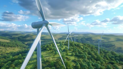 Aufkleber - A group of wind turbines on a lush green hillside. Suitable for renewable energy concept