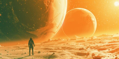 Poster - A man standing in the desert gazing at distant planets. Suitable for science fiction and astronomy concepts