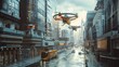 Drone aerial view. City street filled with towering buildings, cars parked along the sidewalk, and a mysterious flying object hovering in the sky.