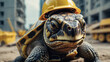 Turtle wearing a construction helmet, slow construction concept.