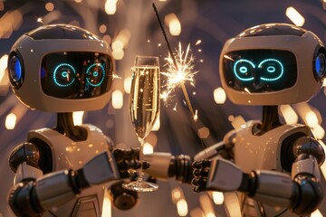 Poster - Two robots holding glasses of champagne. Ideal for technology and celebration concepts