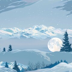 Poster - Snowy mountain landscape with a full moon shining in the sky. Suitable for nature and winter themed projects