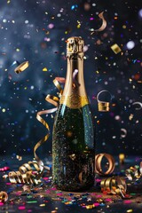 Poster - A festive bottle of champagne surrounded by colorful confetti. Perfect for celebrations and parties