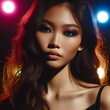 oung female asian model with stylish eyes makeup and shadows on face standing in studio illuminated with colorful spotlights