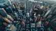 Drone aerial perspective of a busy city with tall buildings and roads, as a plane flies overhead. The scene captures the urban landscape and the motion of the aircraft in the sky.
