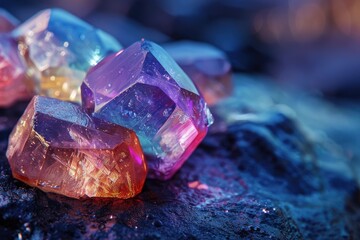 Poster - A bunch of colorful crystals sitting on top of a rock. Great for science or geology concepts
