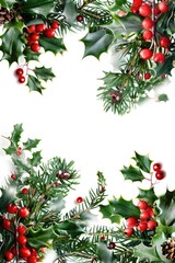 Poster - Festive wreath with holly leaves, pine cones, and red berries. Perfect for holiday decorations