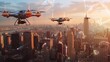 Two small drone airplanes are flying over a city sunset, soaring through the skyline against a backdrop of buildings and streets.