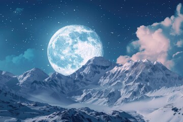 Aufkleber - A stunning view of a full moon rising over a snowy mountain range. Perfect for nature and landscape themes