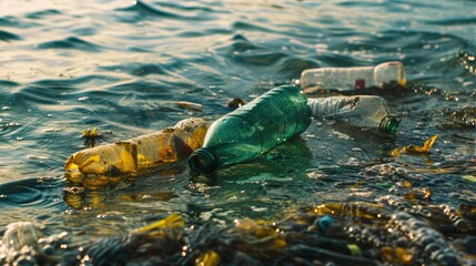 Poster - Plastic bottles floating in water, suitable for environmental concepts
