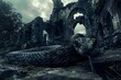 Sinister Serpent Coiled Amidst Gothic Ruins:A Dark and Ominous Presence Lurking in the Shadows