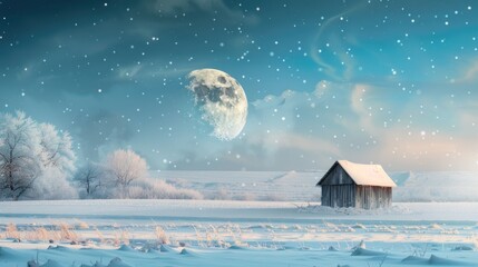 Aufkleber - Winter scene with a barn under a full moon. Ideal for seasonal designs