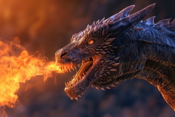 Poster - Close up of a dragon with fire coming out of its mouth. Suitable for fantasy and mythical themes