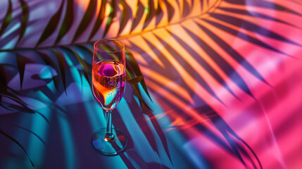 Canvas Print - A glass of wine on palm leaves with colorful shadows 