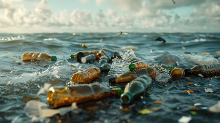 Poster - Plastic bottles floating in the ocean, suitable for environmental themes