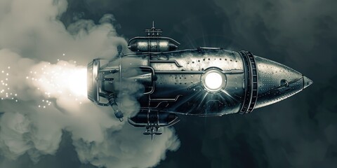 Poster - A steam powered rocket flying through the clouds. Suitable for science fiction or futuristic concepts