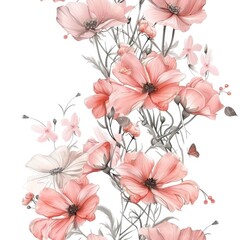 Canvas Print - Beautiful painting of pink flowers and butterflies on a white background. Ideal for home decor or greeting cards