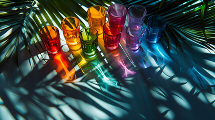 Canvas Print - Colorful glasses arranged on palm leaves with colorful shadows 