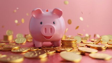 Canvas Print - A pink piggy bank sitting on top of a pile of gold coins. Perfect for financial concepts