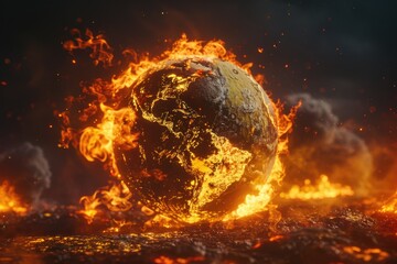 Poster - A burning earth in the middle of a field. Suitable for environmental crisis concepts