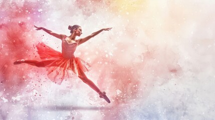 Poster - A woman in a red dress jumping in the air. Suitable for lifestyle and fitness concepts