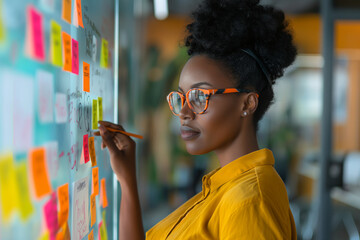 African American woman making a business plan at the office and posting ideas on the board - productivity concepts