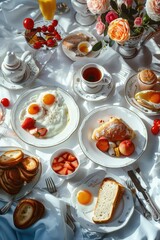 Aufkleber - A white table with various dishes of food. Perfect for food bloggers or restaurant menus
