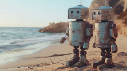 Poster - Two robots standing on a sandy beach, suitable for technology or futuristic concepts