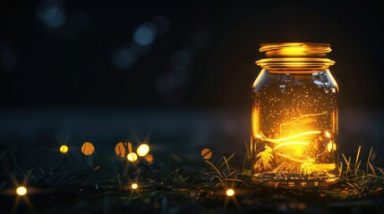 Poster - Fireflies glowing in a glass jar on a grass field, perfect for nature themes