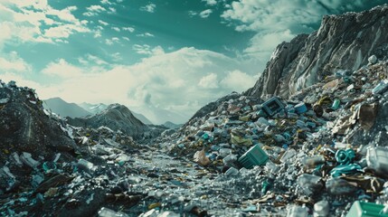 Poster - A pile of garbage on a mountain with mountains in the background. Suitable for environmental issues