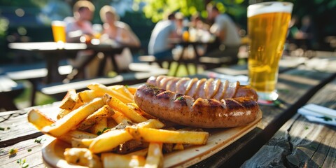 A plate of french fries and a hot dog on a picnic table. Perfect for food and outdoor dining concepts