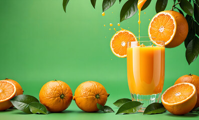 advertising design style  Squeeze fresh orange juice from oranges. Orange juice is flowing ,of liquid splashes