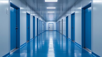  Clean and modern blue hallway in medical facility