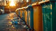Sunset casts golden glow on lined waste containers in park